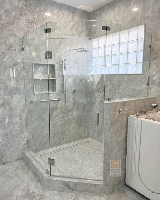 newly installed corner shower enclosure